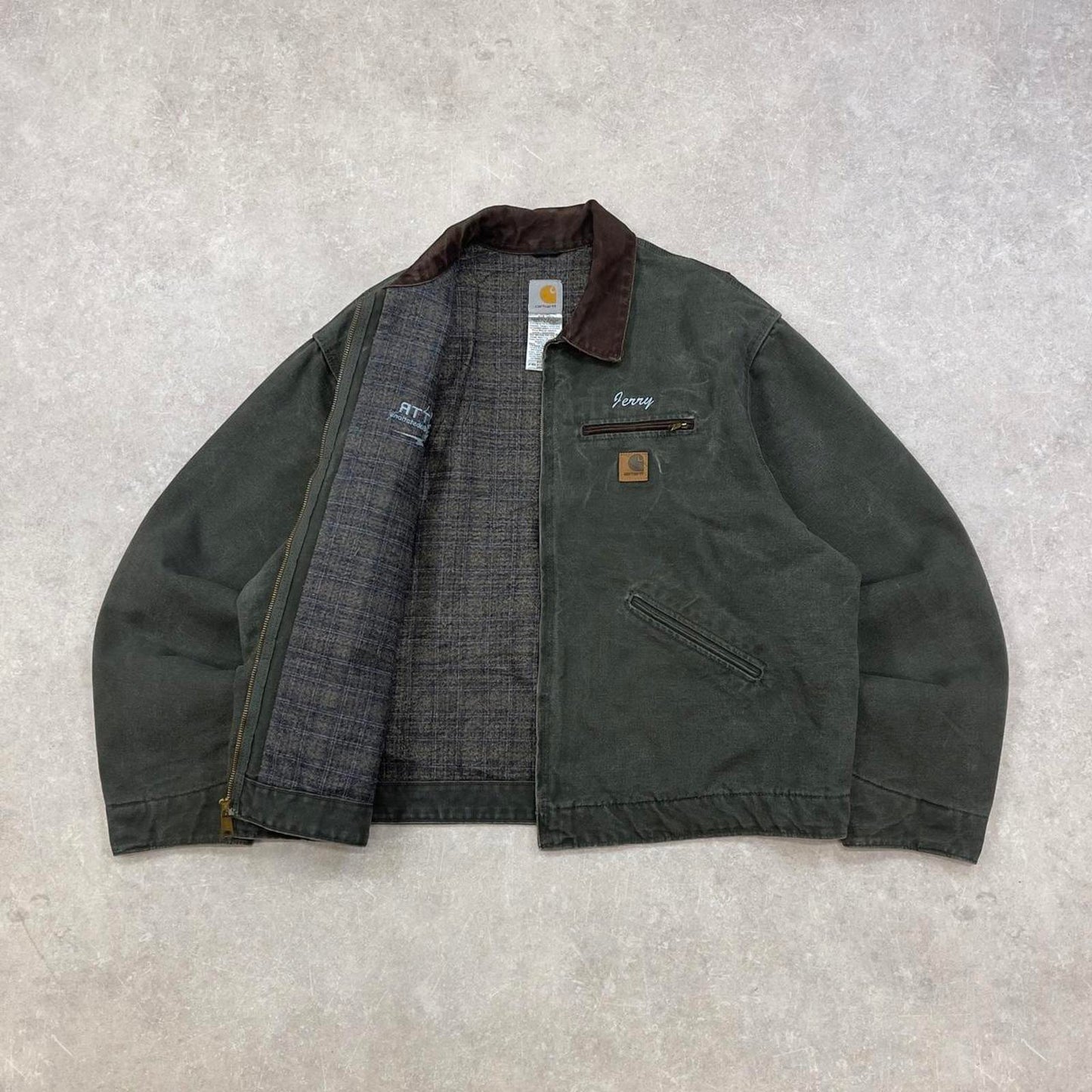 Green Carhartt Detroit jacket XXL J97 MOS boxy cropped blanket lined brown collar canvas workwear
