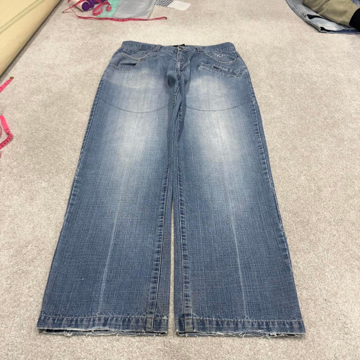 Y2k baggy skate jeans blue denim W36L32 Vintage Don loose 00s style pants embroidered casual autumn