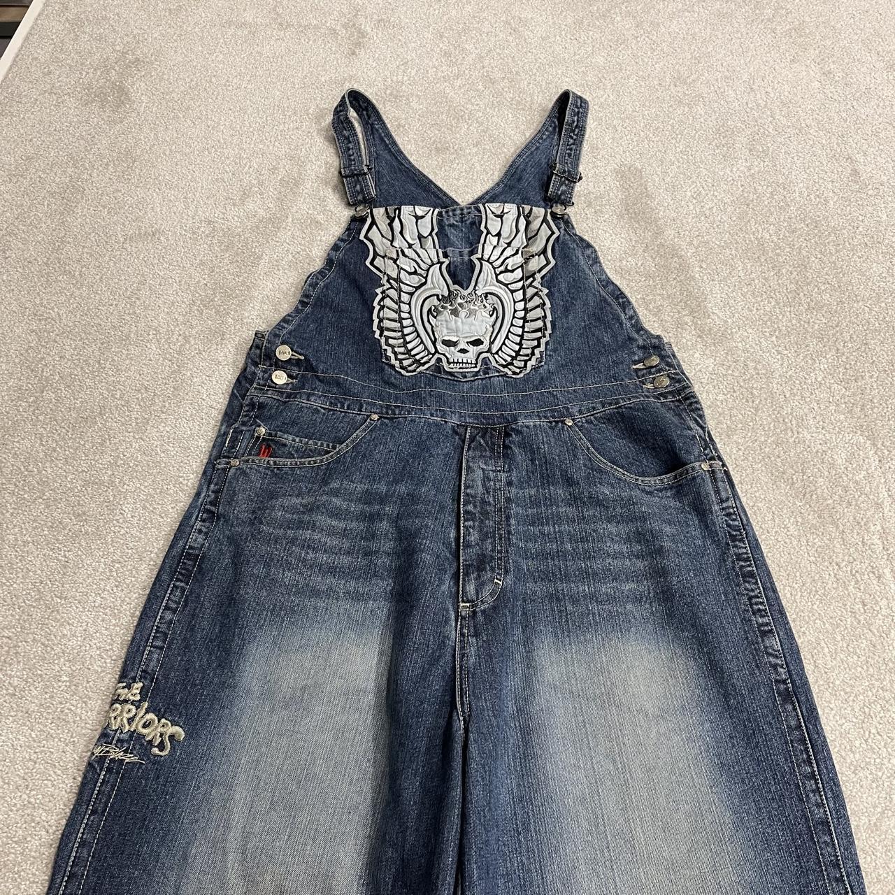 Johnny Blaze dungarees baggy y2k denim blue The Worriors embroidered bib overalls skater