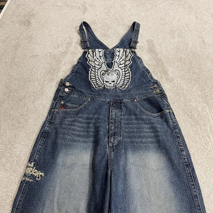 Johnny Blaze dungarees baggy y2k denim blue The Worriors embroidered bib overalls skater