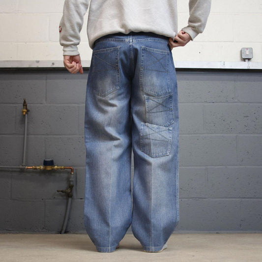 Y2k 00s Reliq jeans blue denim W38L30 loose 00s skate style pants with 3 pocket design casual autumn