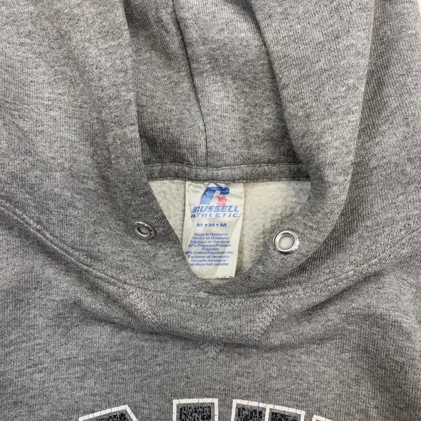 Grey vintage Russel hoodie Medium thick pullover jumper Moravian basketball spellout print design