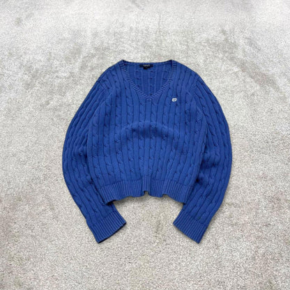 00s CHAPS cable knit sweater jumper embroidered L women's blue knitted pull over y2k 90s style