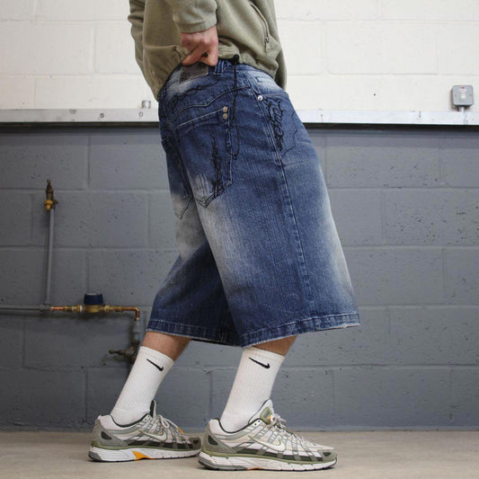 Y2k baggy denim shorts skater style blue Loose Brooklyn Xpress wide leg summer festival shorts