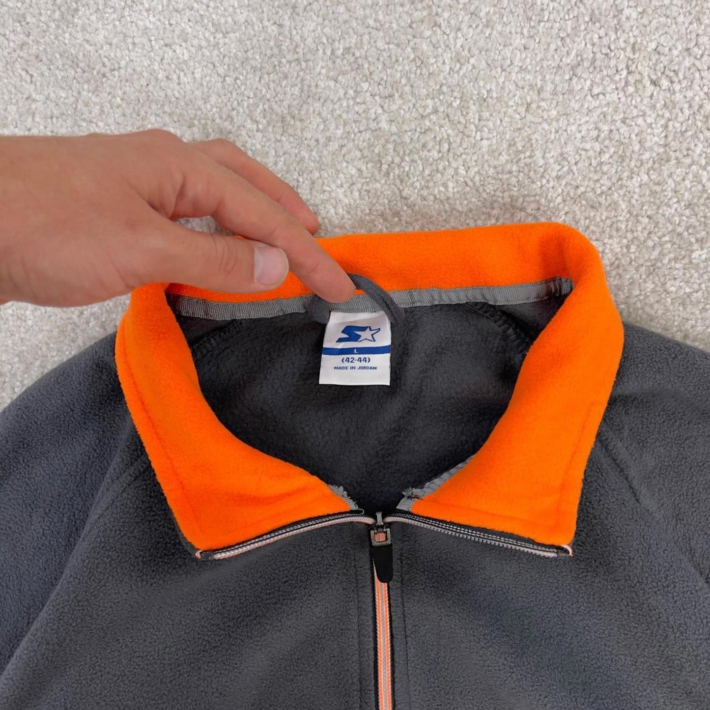Y2K Starter technical fleece Large grey full zip embroidered logo adjustable waist autumn