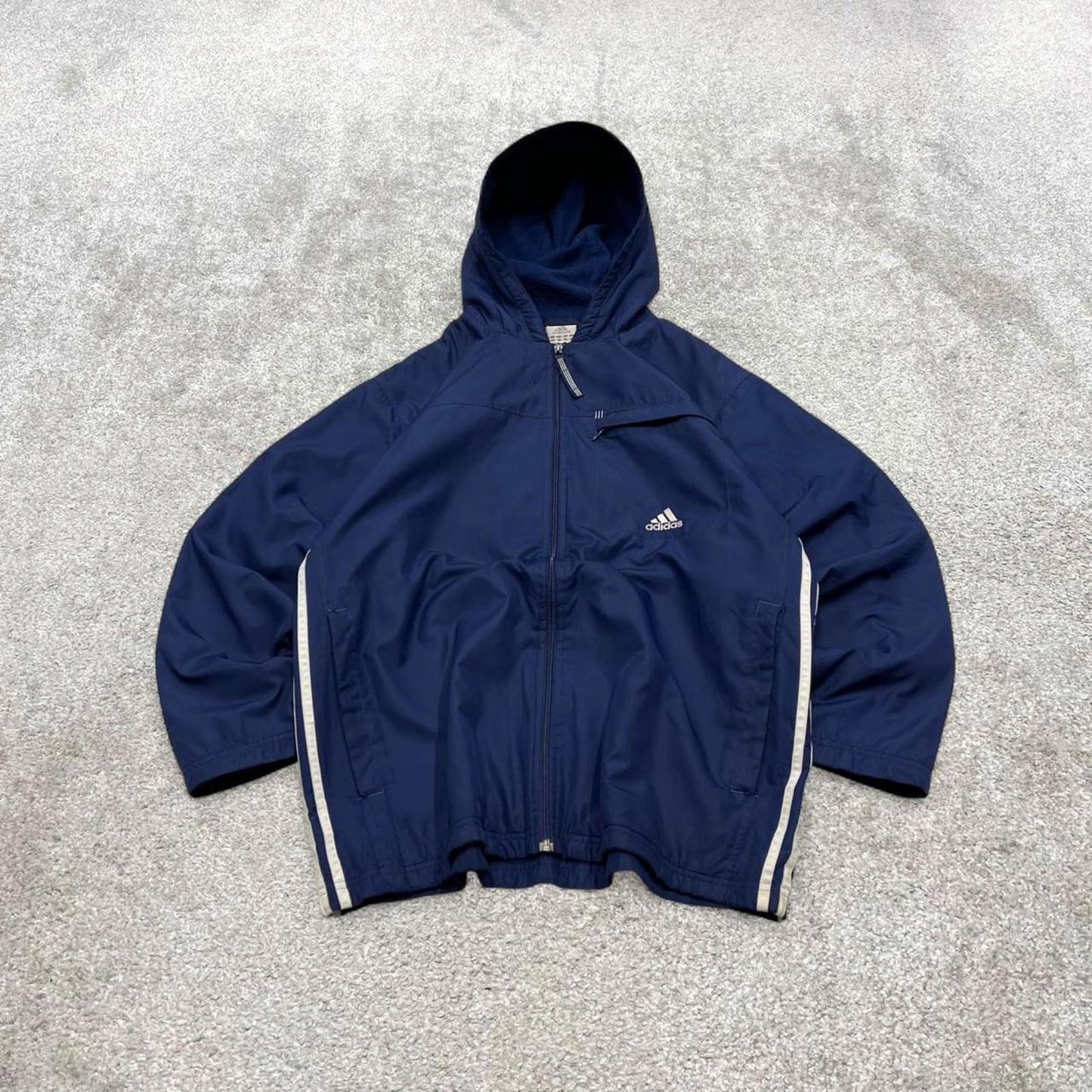 Vintage Y2K adidas windbreaker jacket navy Fleece lined embroidered stripe hooded technical coat