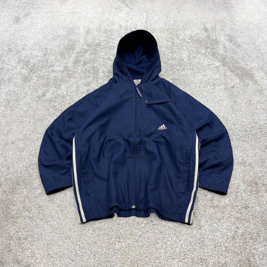 Vintage Y2K adidas windbreaker jacket navy Fleece lined embroidered stripe hooded technical coat
