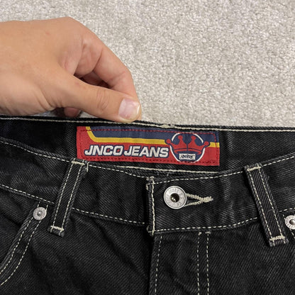 Y2K JNCO denim shorts tribal crown black Vintage loose embroidered logo summer jorts