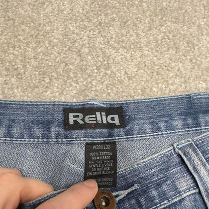 Y2k 00s Reliq jeans blue denim W38L30 loose 00s skate style pants with 3 pocket design casual autumn