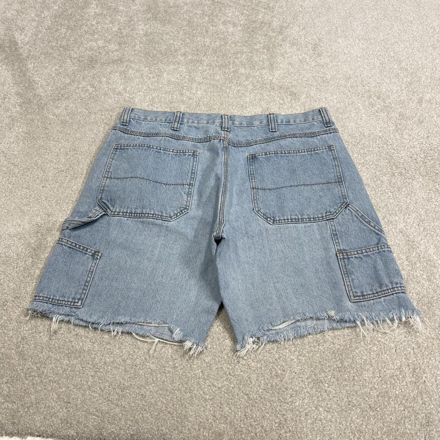 Cut denim cargo shorts carpenter blue Faded Glory frayed skater style jorts