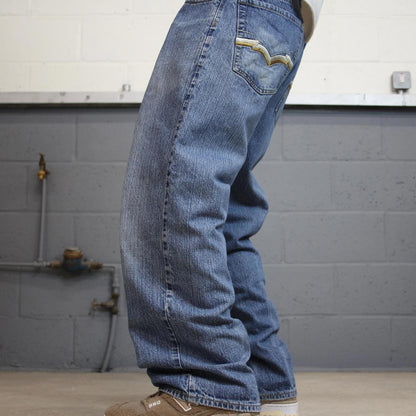 Baggy Blue Culture Jeans W34 L30 wide leg embroidered design 90s style skater jeans