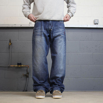 90s y2k Makaveli jeans W36L31 loose blue denim embroidered skate style hip hop pants