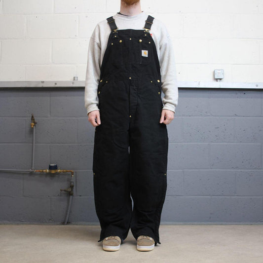 Y2k baggy Carhartt dungarees wide leg faded black Canvas quilt lined bib & brace overalls
