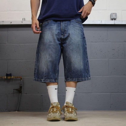 Y2K baggy embroidered shorts long blue Sean John skater style surf jorts