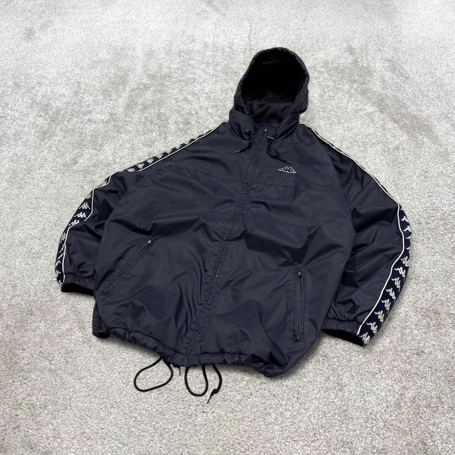 Navy Kappa technical jacket Large men's y2k 00s style fleece lined hooded coat embroidered detail