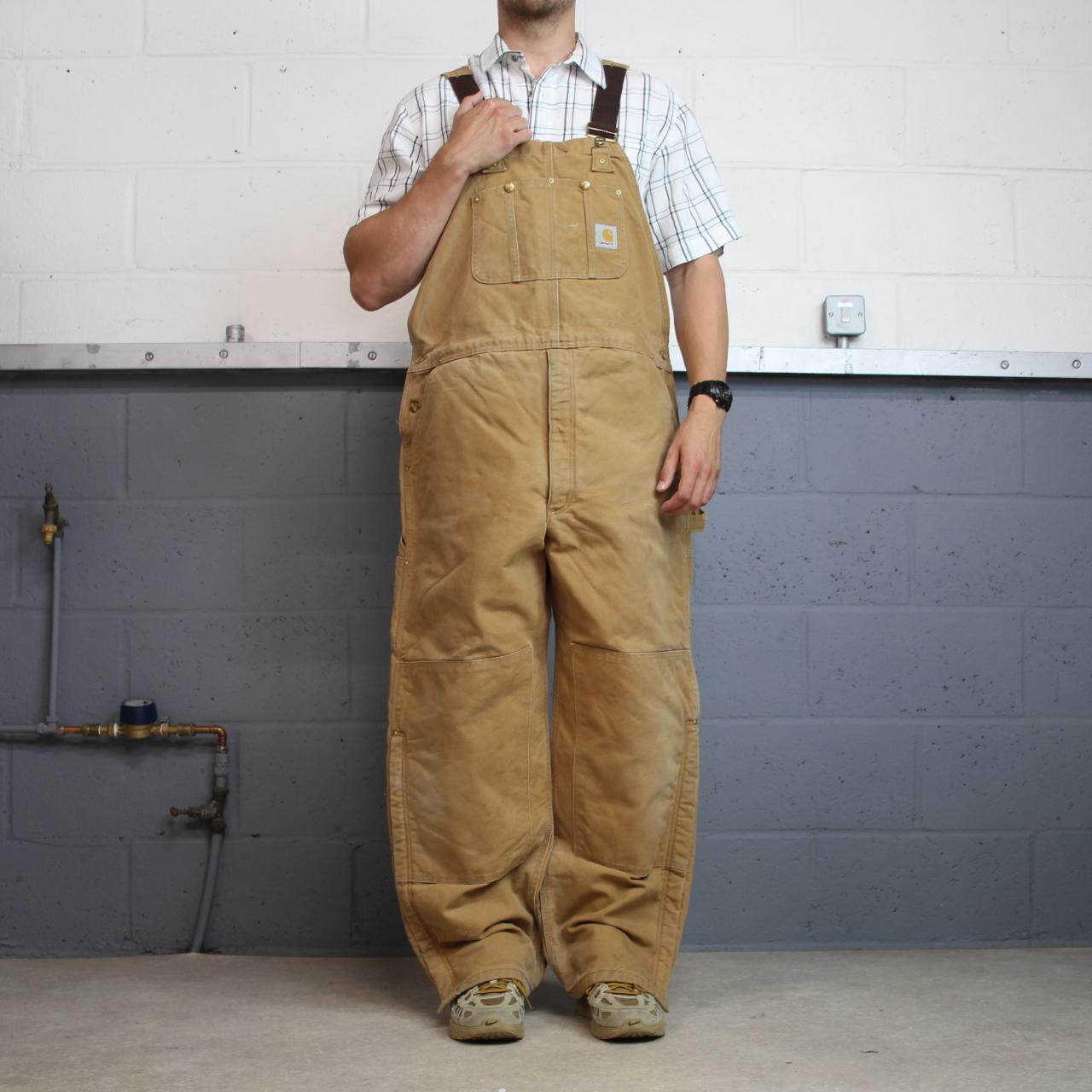 Vintage Carhartt dungarees tan brown overalls Quilt lined bib & brace utility workwear