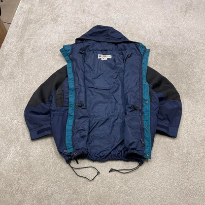 Y2K Columbia technical windbreaker jacket navy Hooded paneled tech coat adjustable