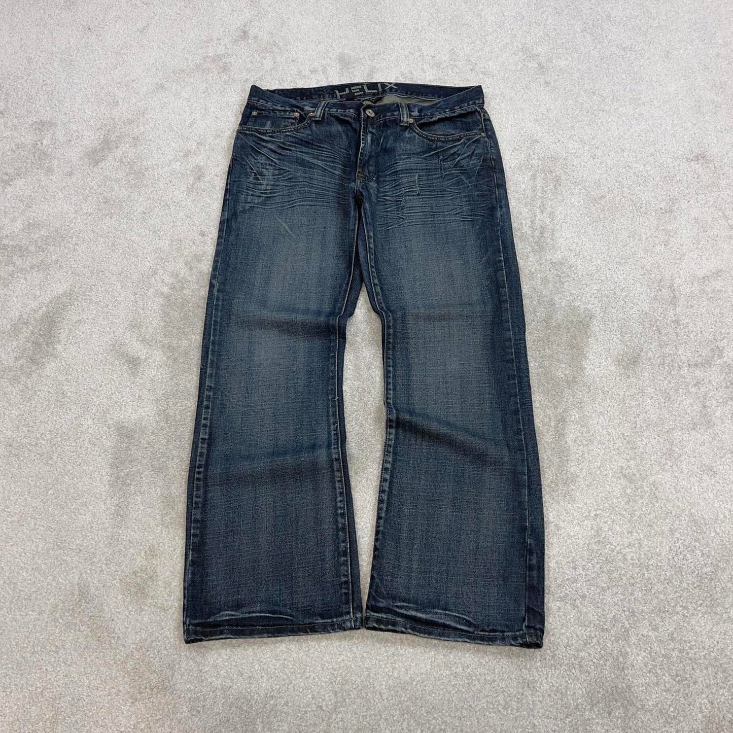 Blue embroidered Helix jeans W36L32 loose y2k 00s style jeans big cross stitch detail slim boot