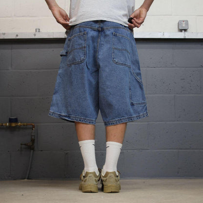Long baggy denim shorts carpenter blue Loose leg workwear skater style surf jorts