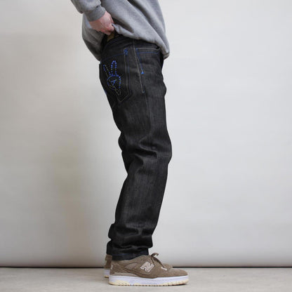 Black GB Design Lab jeans W32L31 Y2K embroidered design leg roll up hip hop