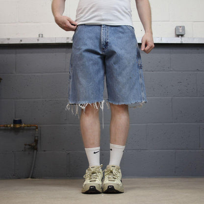 Denim carpenter shorts Y2K cargo blue Rustler loose frayed skater style surf jorts