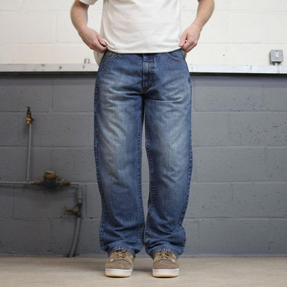Mens y2k skate jeans Attitude W34 L32 blue loose denim 90s style embroidered design jeans