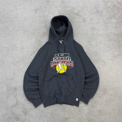 Grey Russell Athletic hoodie Small boxy y2k 00s style pull over hooded sweatshirt Softball print