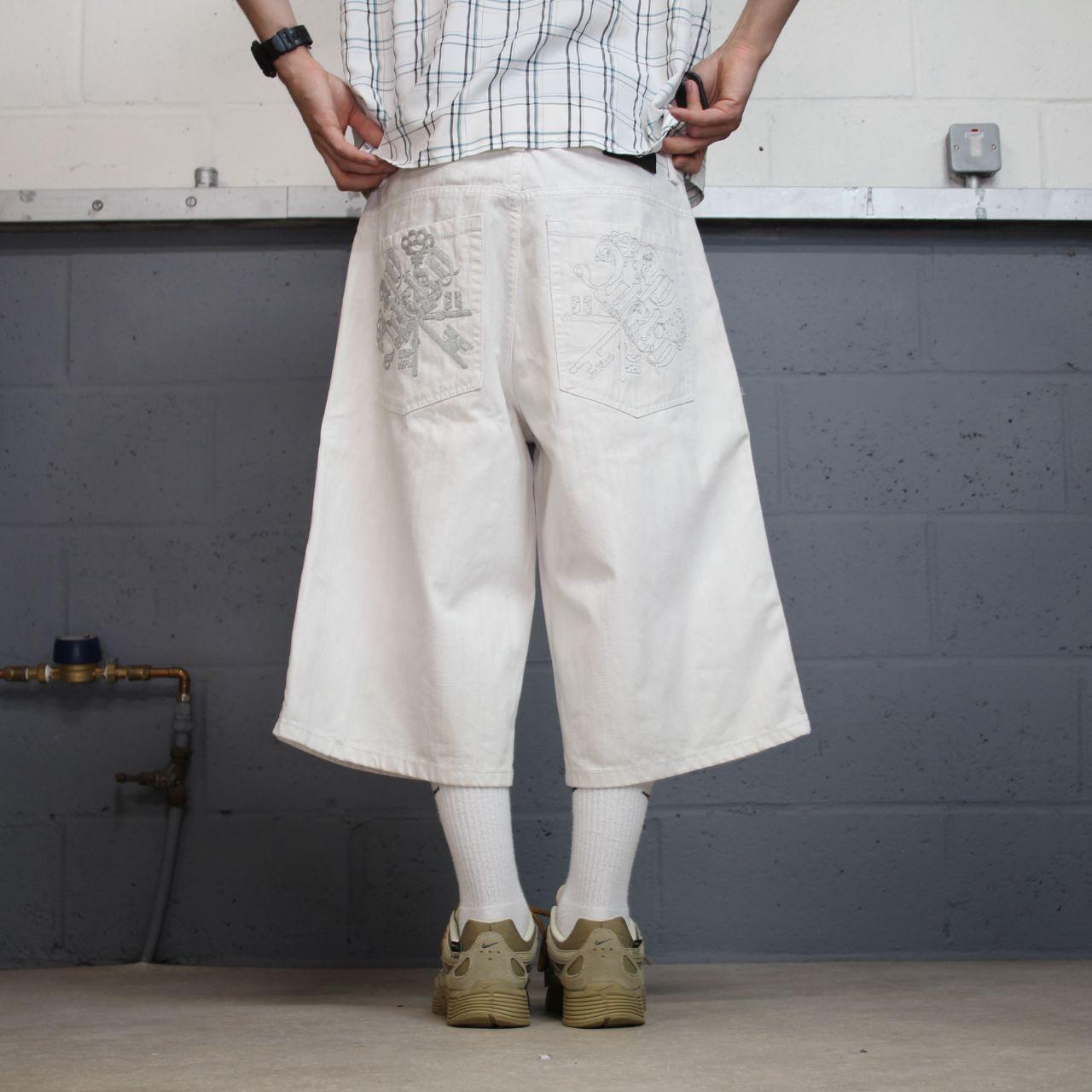 Y2K long baggy embroidered denim shorts white Wckd denim skater style brand surf jorts