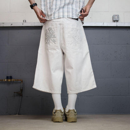 Y2K long baggy embroidered denim shorts white Wckd denim skater style brand surf jorts