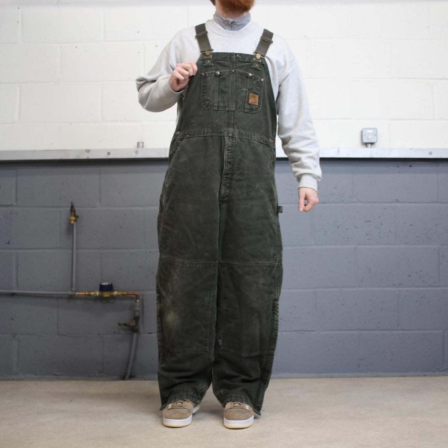 Vintage y2k baggy Carhartt dungarees wide leg green Canvas quilted bib & brace overalls workwear
