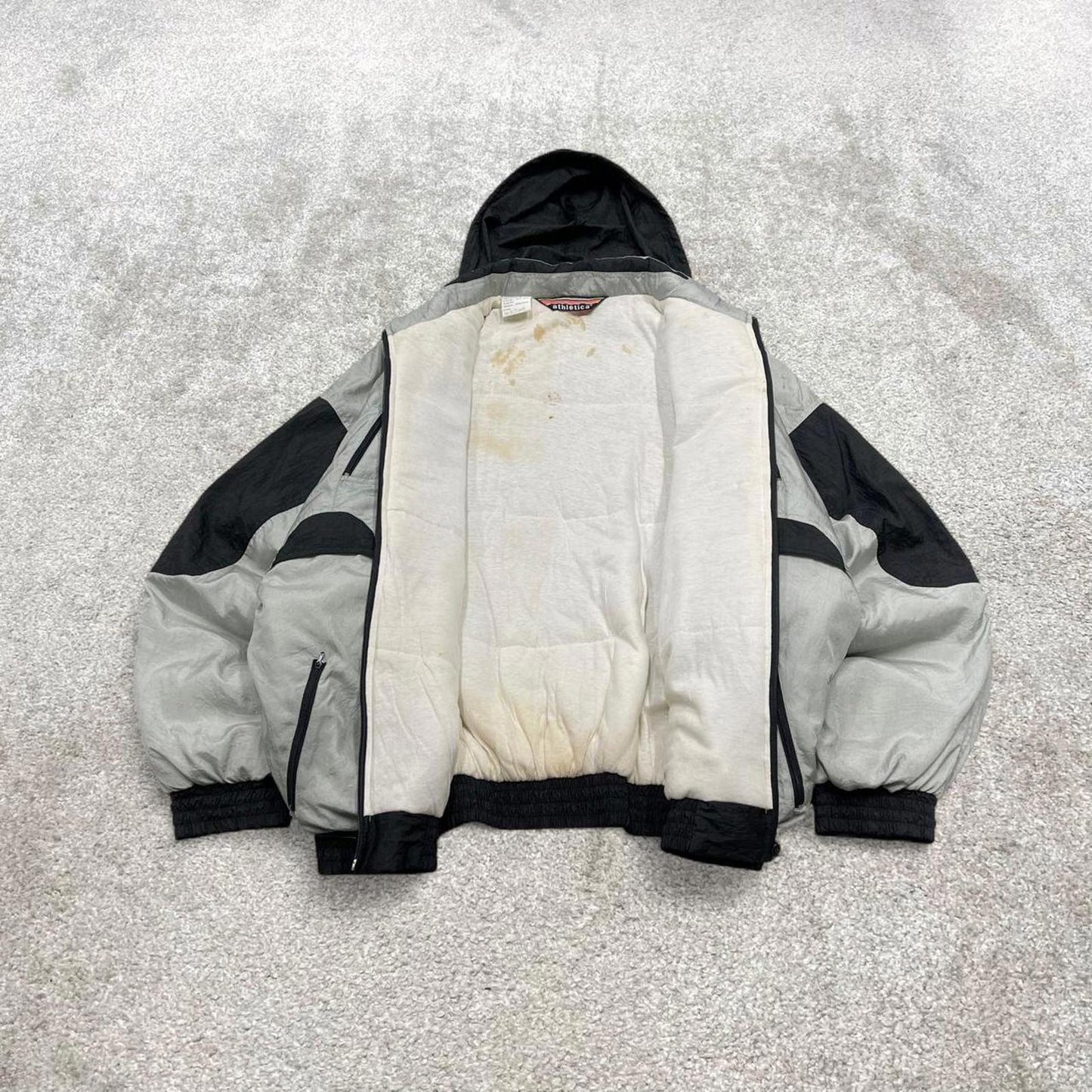 Vintage y2k hooded technical windbreaker jacket grey Athletica insulated hooded coat logo