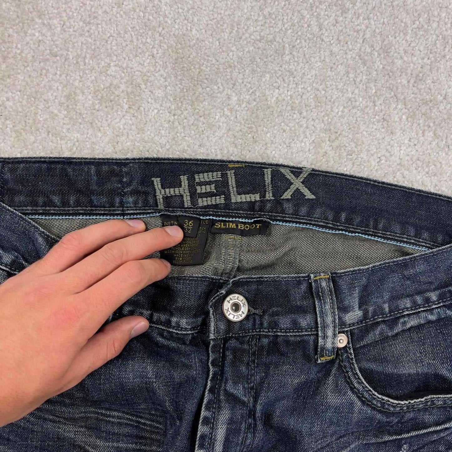 Blue embroidered Helix jeans W36L32 loose y2k 00s style jeans big cross stitch detail slim boot
