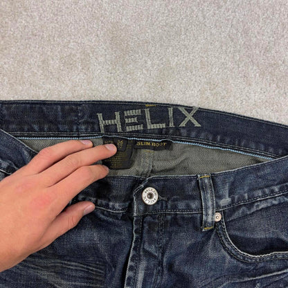 Blue embroidered Helix jeans W36L32 loose y2k 00s style jeans big cross stitch detail slim boot