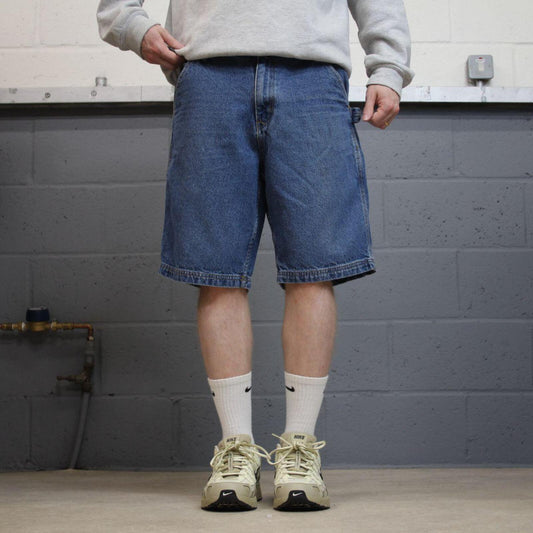 Denim carpenter shorts cargo loose blue RK skater style surf festival jorts