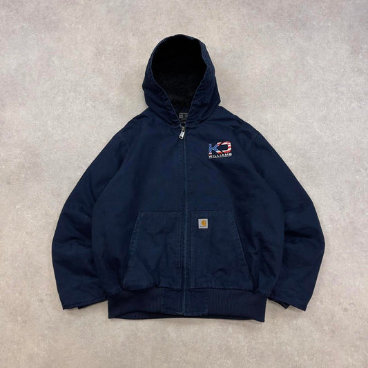 Navy Carhartt hooded active jacket XL canvas quilt lined patch logo active