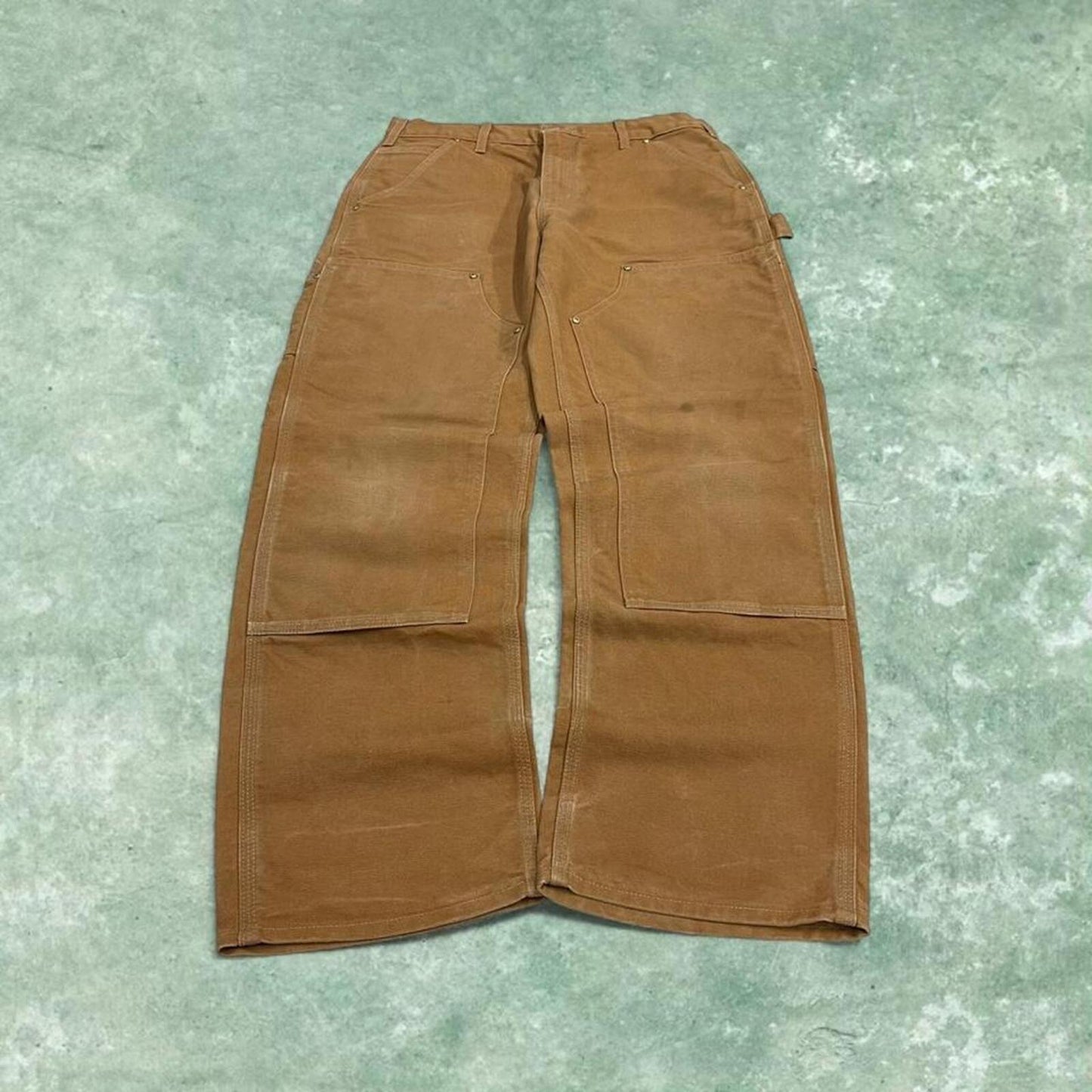 Carhartt double knee cargo jeans W32L30 work pants tan brown Loose fit baggy canvas workwear utility