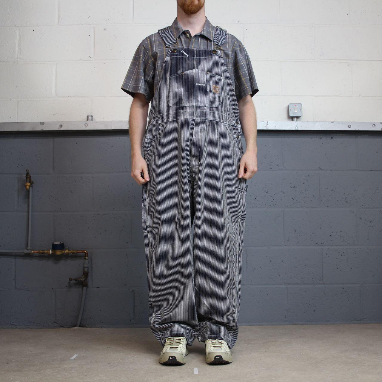Vintage striped denim dungarees 00s Berne overalls navy