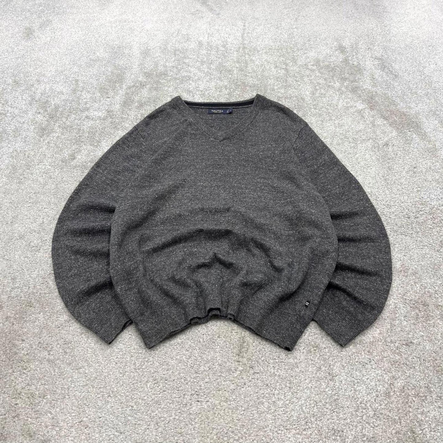 00s Nautica knit sweater jumper embroidered L men's grey knitted pull over y2k 90s style