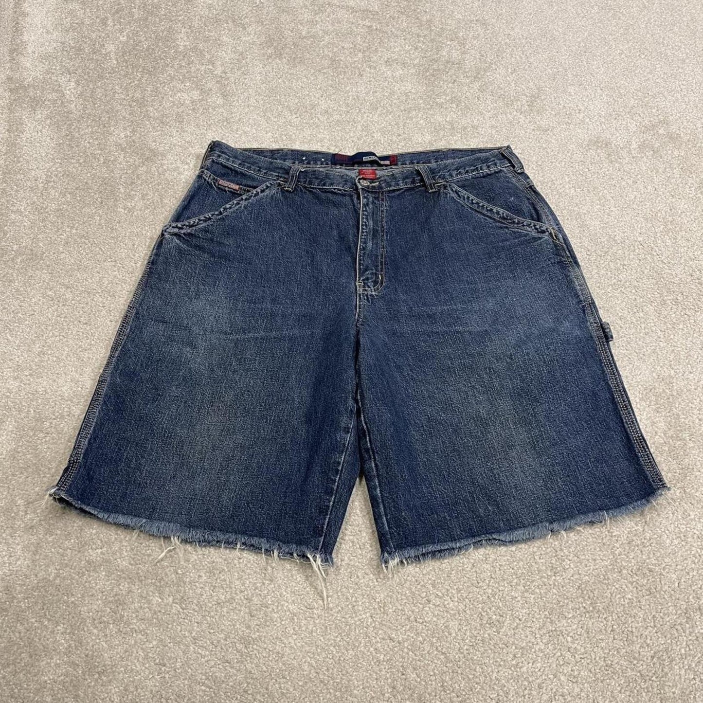 Frayed denim cargo shorts carpenter blue Benzene cut skater style jorts