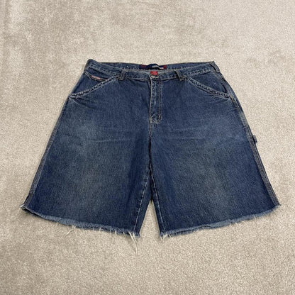 Frayed denim cargo shorts carpenter blue Benzene cut skater style jorts