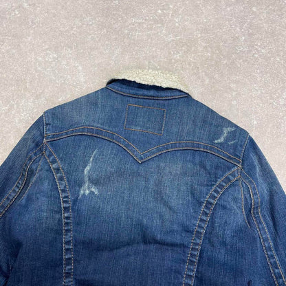 Y2k True Religion denim jacket Small Emily sherpa lined 00s cropped style coat stitch detailing