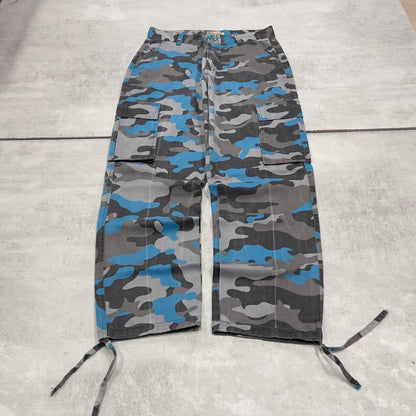 Baggy camo Access cargo pants W34L32 blue grey tiger camouflage y2k style cargos adjustable cuffs