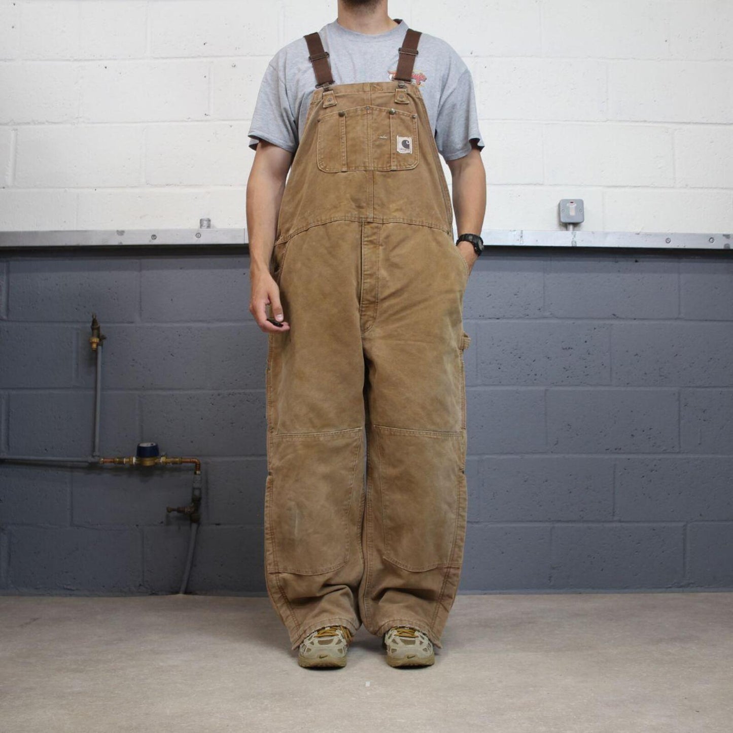Vintage Carhartt dungarees tan brown overalls Quilted bib & brace utility workwear