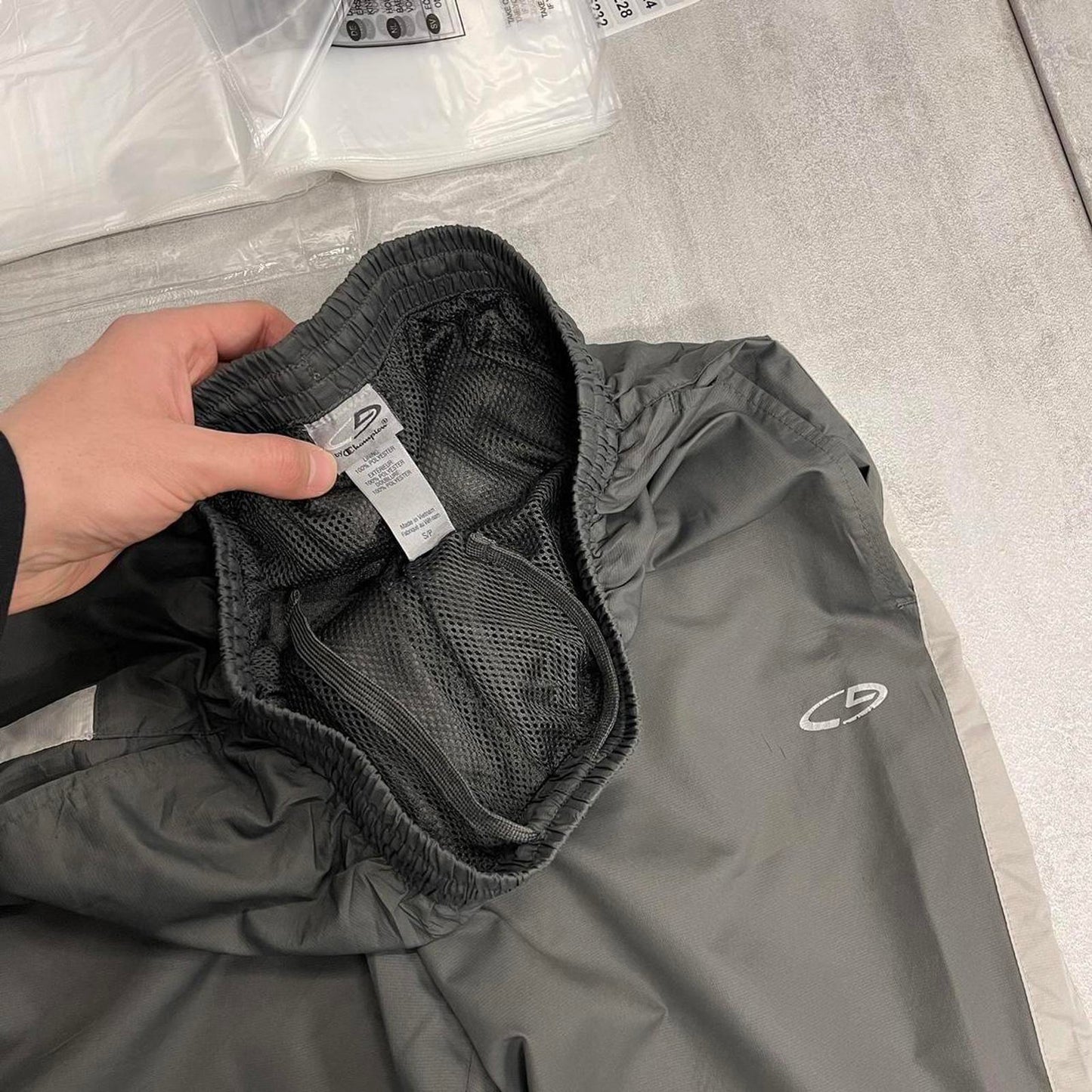 Champion tracksuit bottoms S grey loose mesh lined casual trackies