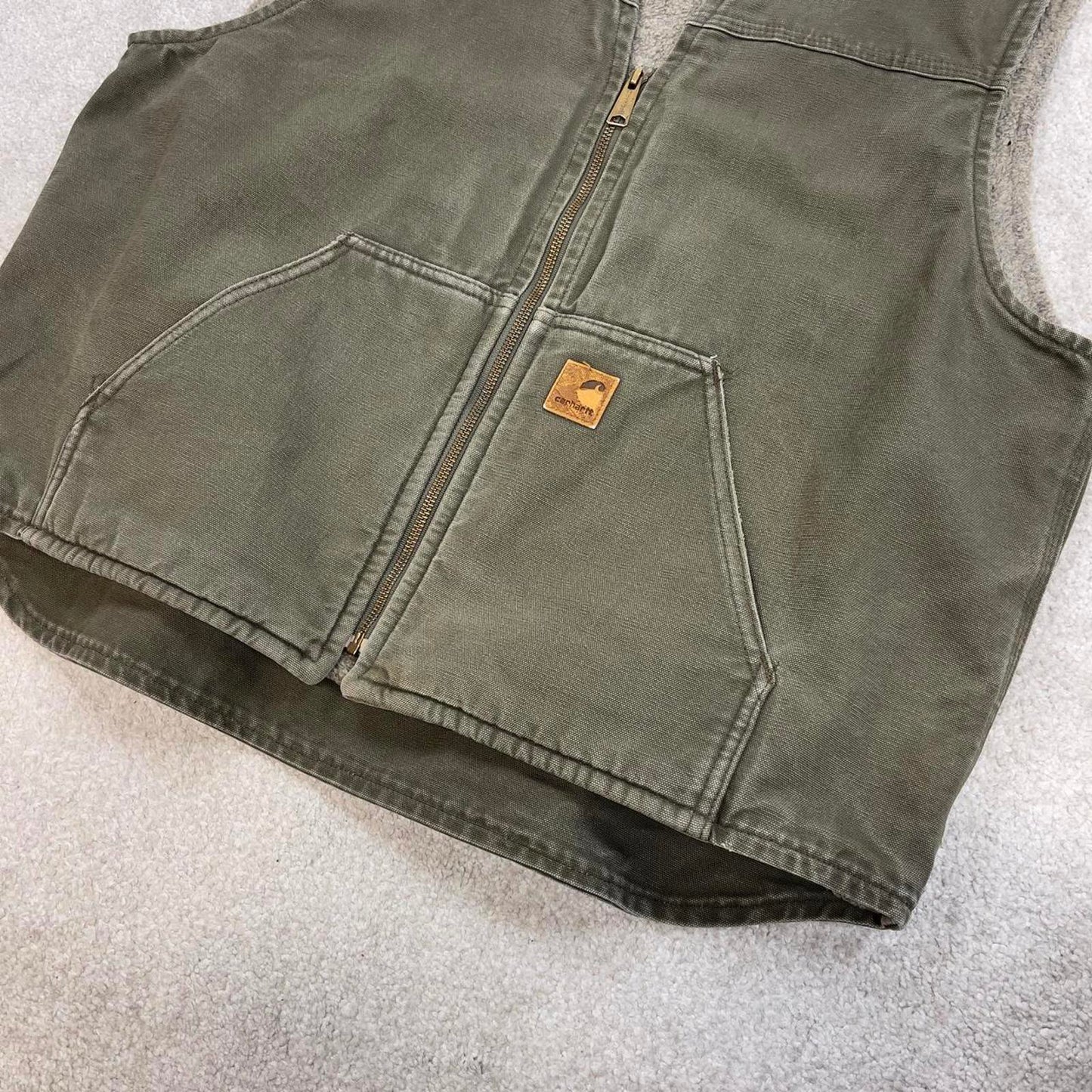 Green vintage Carhartt Gilet XL thick canvas sherpa lined body warmer