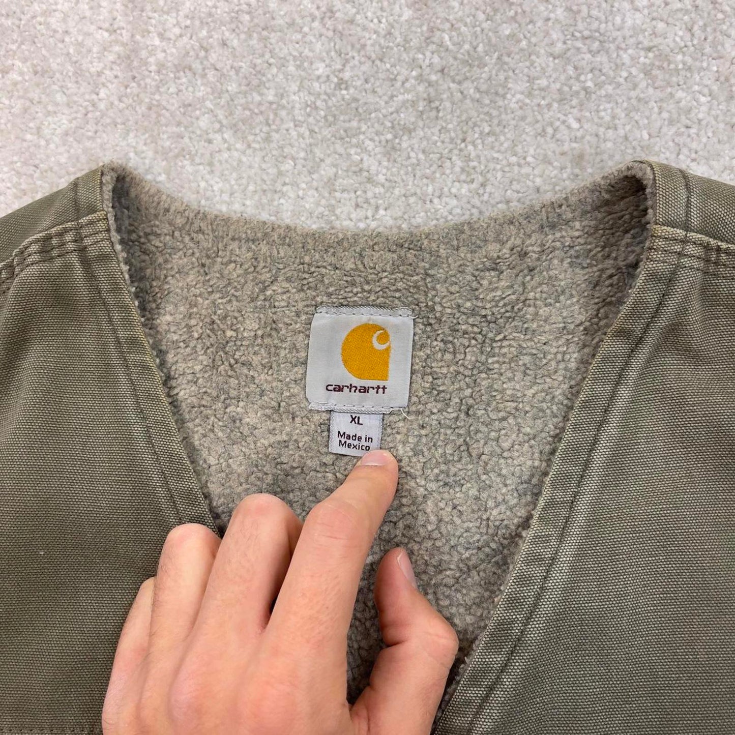 Green vintage Carhartt Gilet XL thick canvas sherpa lined body warmer