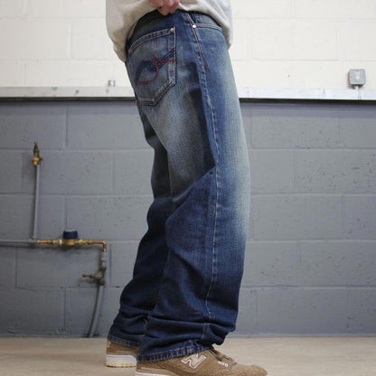 Vintage Y2K embroidered jeans blue Premium loose straight leg denim skater 00s style pants