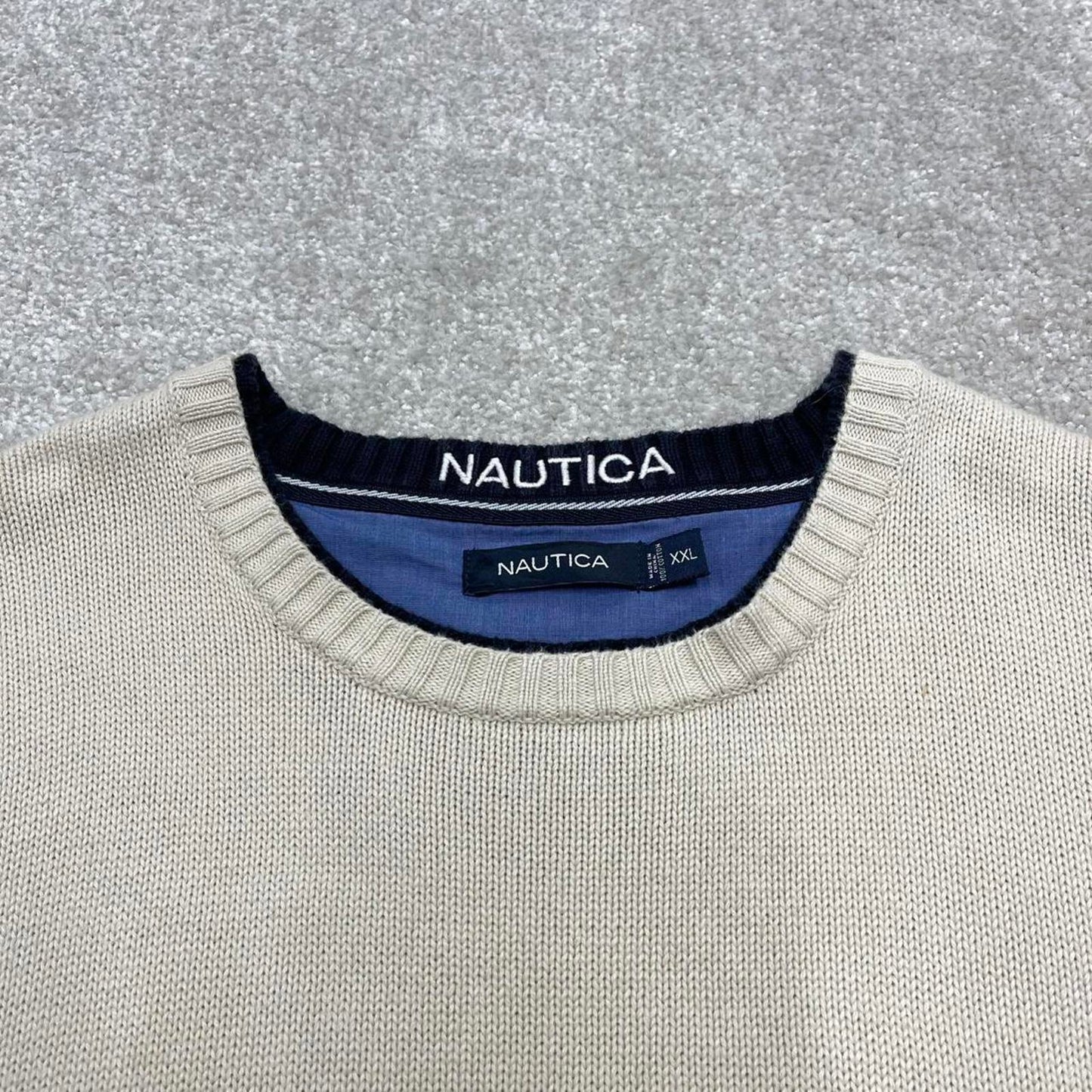 00s Nautica knit sweater jumper embroidered XXL men's beige heavy knitted pull over y2k 00s style