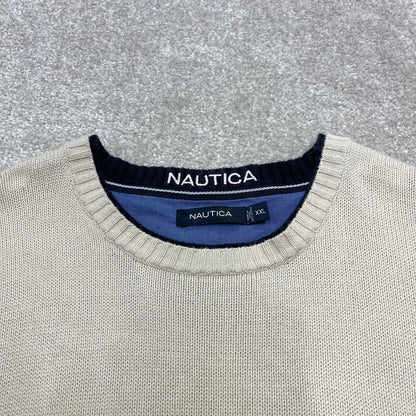 00s Nautica knit sweater jumper embroidered XXL men's beige heavy knitted pull over y2k 00s style