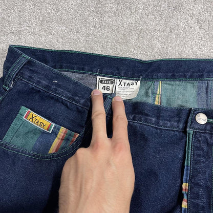 Xtasy extra baggy jeans y2k W44L38 navy blue Wide leg long skater style pants deck chair stripes